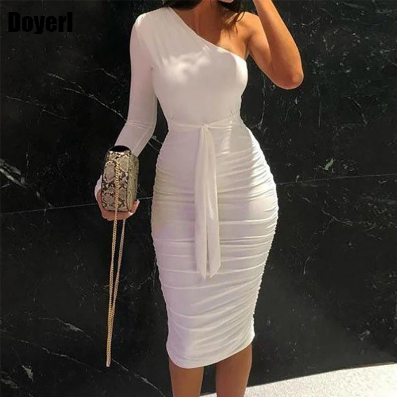 

White Sexy Midi Bodycon Dress Women One Shoulder Elegant Bandage Dress Long Sleeve Spring Autumn Slim Night Club Party Dress