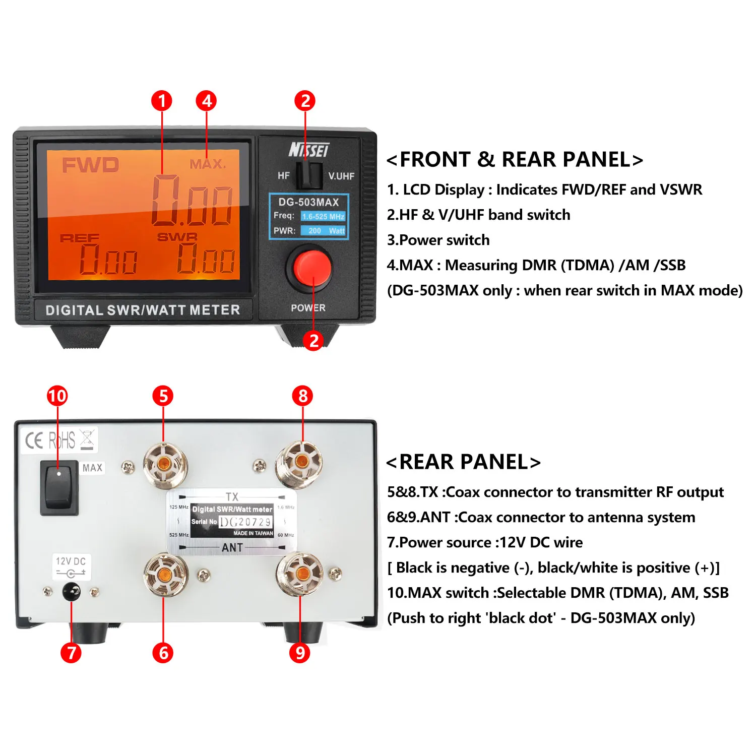Фото NISSEI DG-503MAX DMR/SSB/AM HF 1,6-60 МГц и V.UHF125-525 МГц 200 Вт Walkie Talkie Цифровой КСВ Ваттметр DG-503 MAX №3