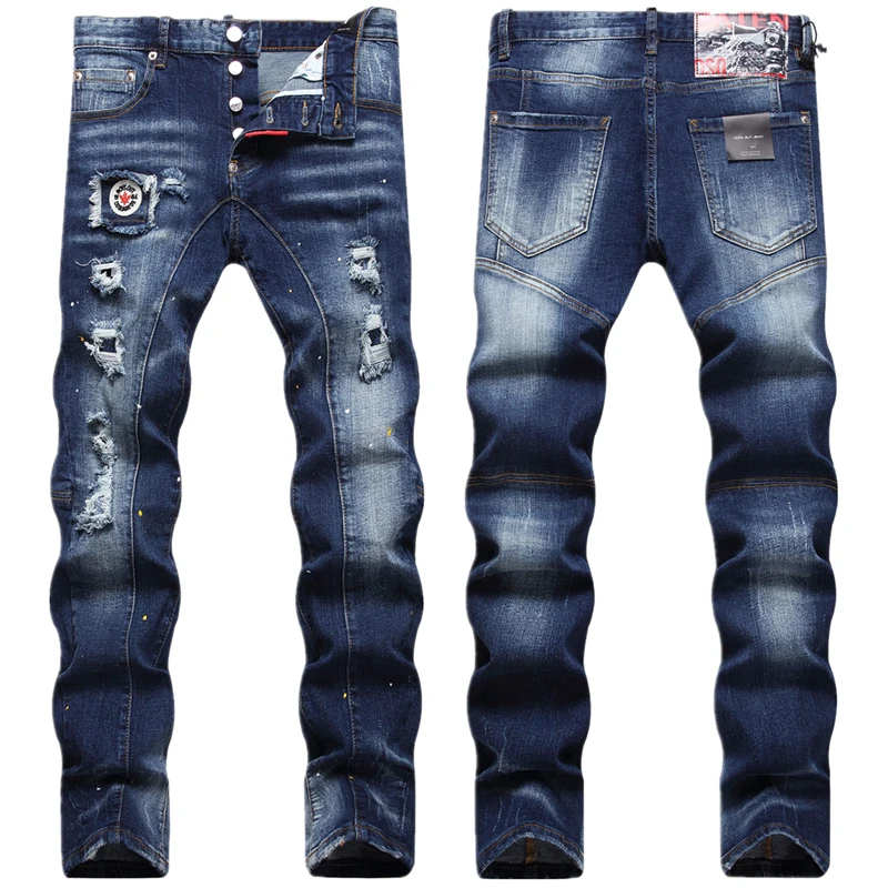 

big size 40 42 dsq Men Jenas Denim Pants blue dsq2 Coolguy Printed stripe hole skinny Trousers Slim dsq2 jeans for husband 0399