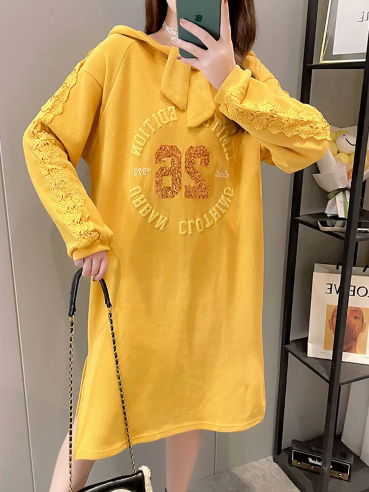 Spring Hoodie Women Cotton Lace Stitching Long Sleeves Knee Length Pullover Dress Korean Letter Print Fashion Casual Ladies Top |