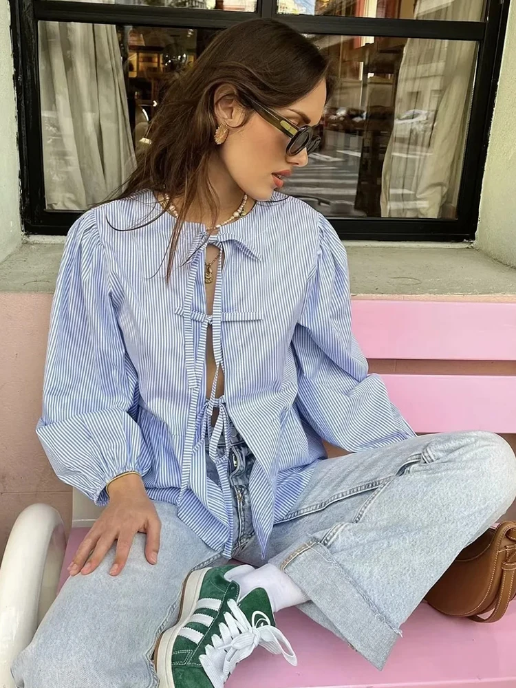 Женская ажурная рубашка EDSA винтажная блузка с длинным рукавом-фонариком круглым