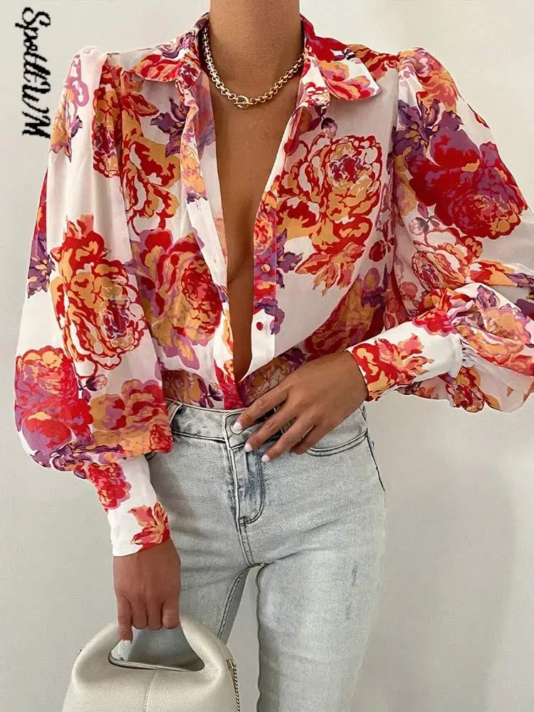 Женская рубашка с цветочным принтом и пышными рукавами элегантные повседневные