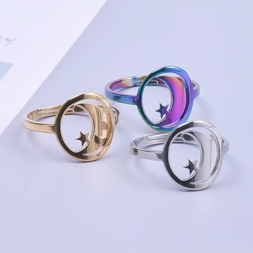 

10pcs Vintage Round Hollow Star Moon Rings for Women Stainless Steel Antioxidant Adjustable Open Ring Jewelry Men's Holiday Gift