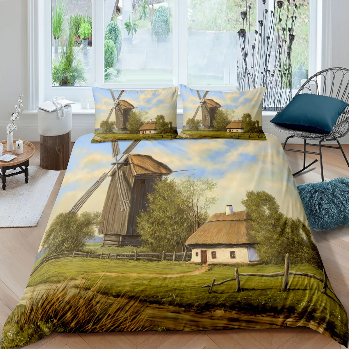 

Oil Painting Country Duvet Cover King Queen Size Retro Rustic Farmhouse Tree Bedding Set Pastoral Scenery Polyester Quilt Cover