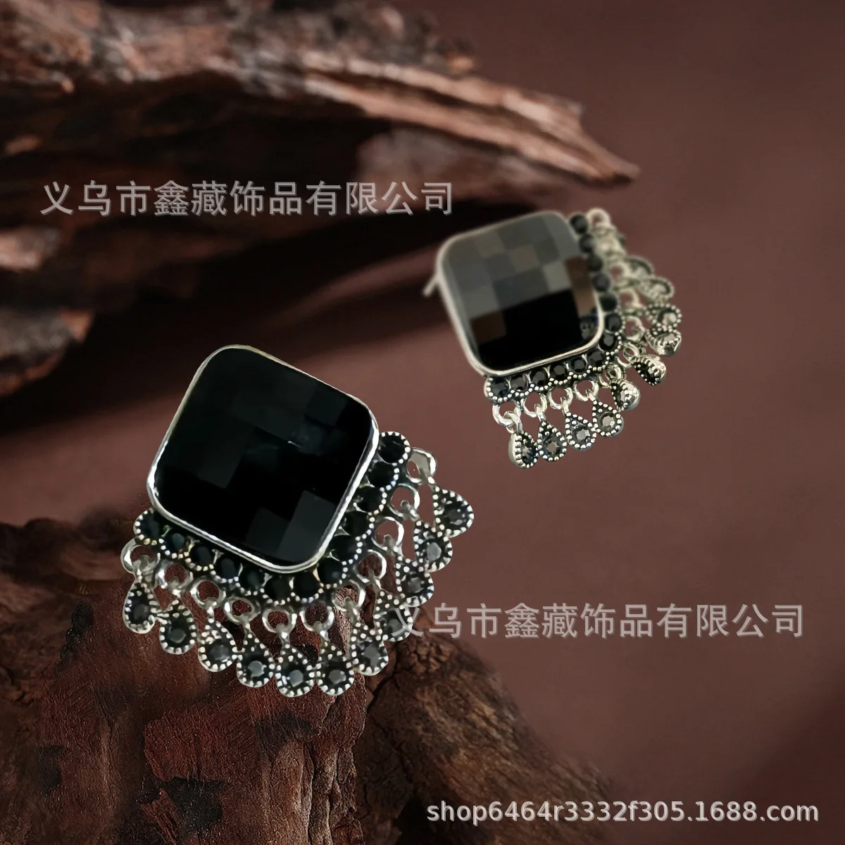 Винтажные серьги с черными кристаллами и бриллиантами бахромой женские