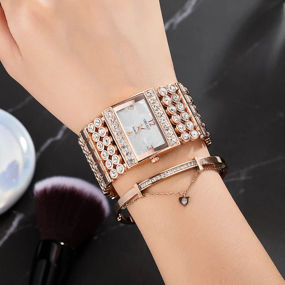 3PCS Top Quality Watches Stainless Steel Bracelet Fashion Women's Rhinestones Square case Watches wit Gift Watch box Set Bangle enlarge