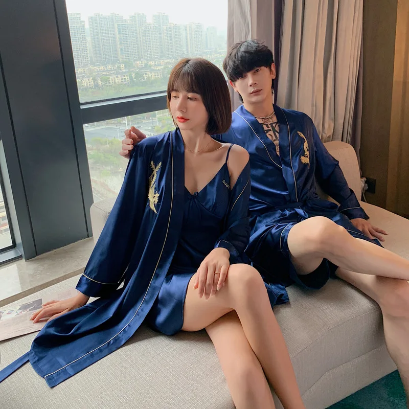 Spring and Summer New Silk Couple Pajamas Men's Pajamas Shorts Women's Hanging Skirt Bathrobe Two-piece Large Size Robe