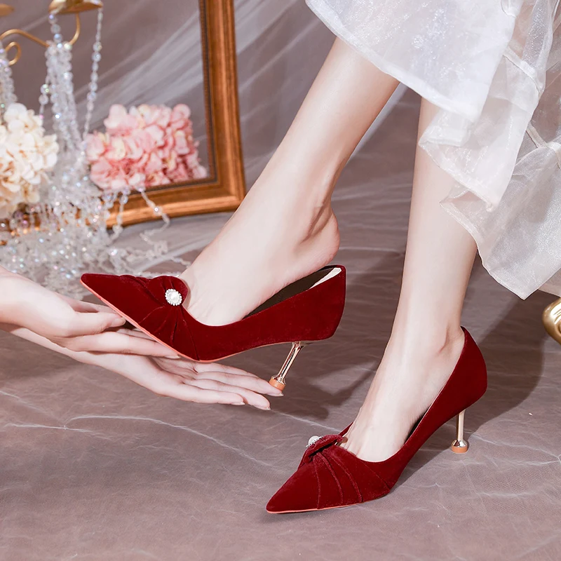 Женские замшевые туфли-лодочки винно-красные туфли на высоком каблуке-шпильке
