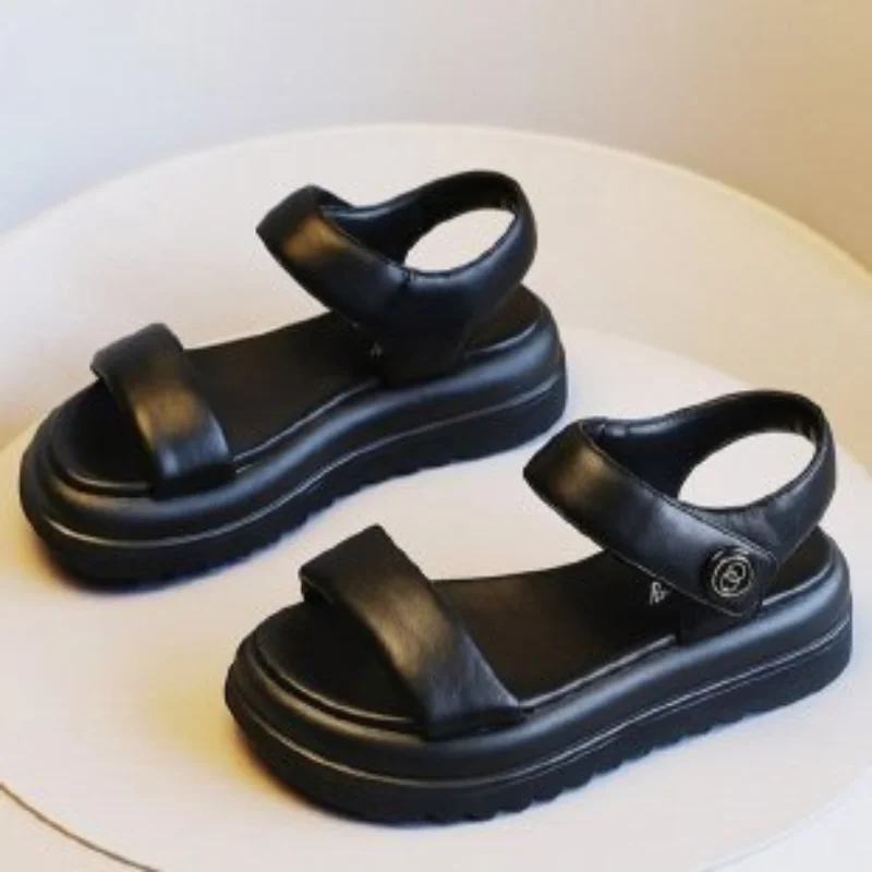 

Сандалии женские на плоской подошве, мягкие эспадрильи, платформа, каблук средней высоты, черные, лето