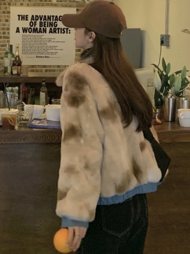 Women Faux Fur Plush Jacket Winter Hanbok Retro Contrast Color Lapel Faux Fur Cropped Coat