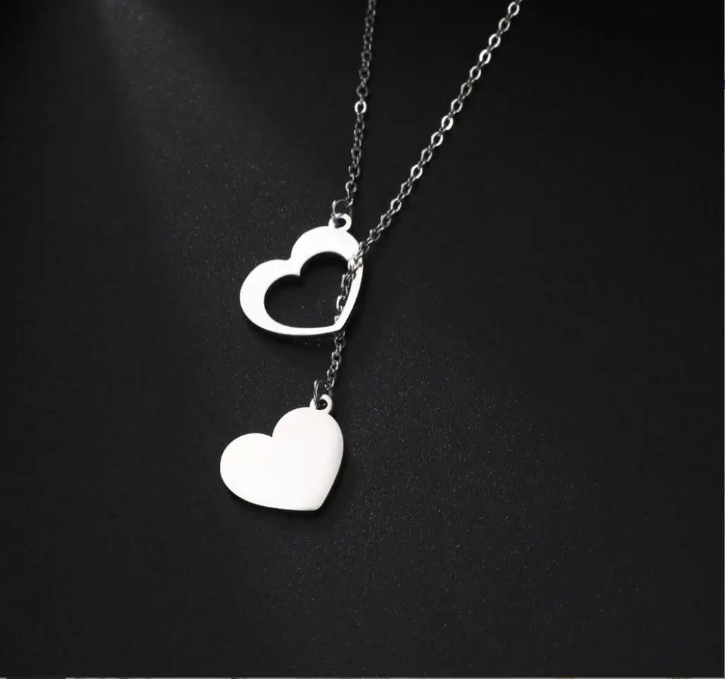 Двойное кольцо ожерелье сердце из нержавеющей стали F1403