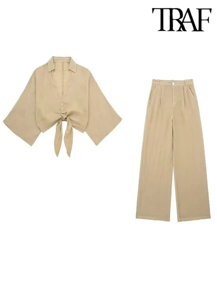 

TRAF 2023 Spring Summer Women 2 Pieces Sets Fashion Flax Knot Decoration Shirt Tops + High Waist Wide Leg Long Pants Causal Sets