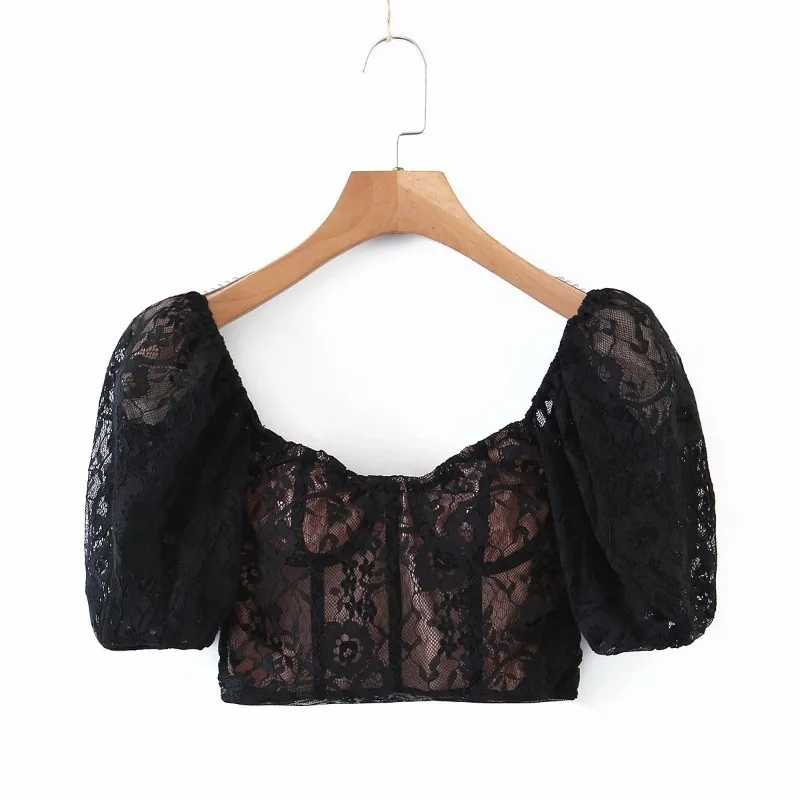 Square Collar Lace Short Sleeve Backless Sexy Lace Cutout High Waist Crop Tops Blouse For Women Female Blouse Spring Summer