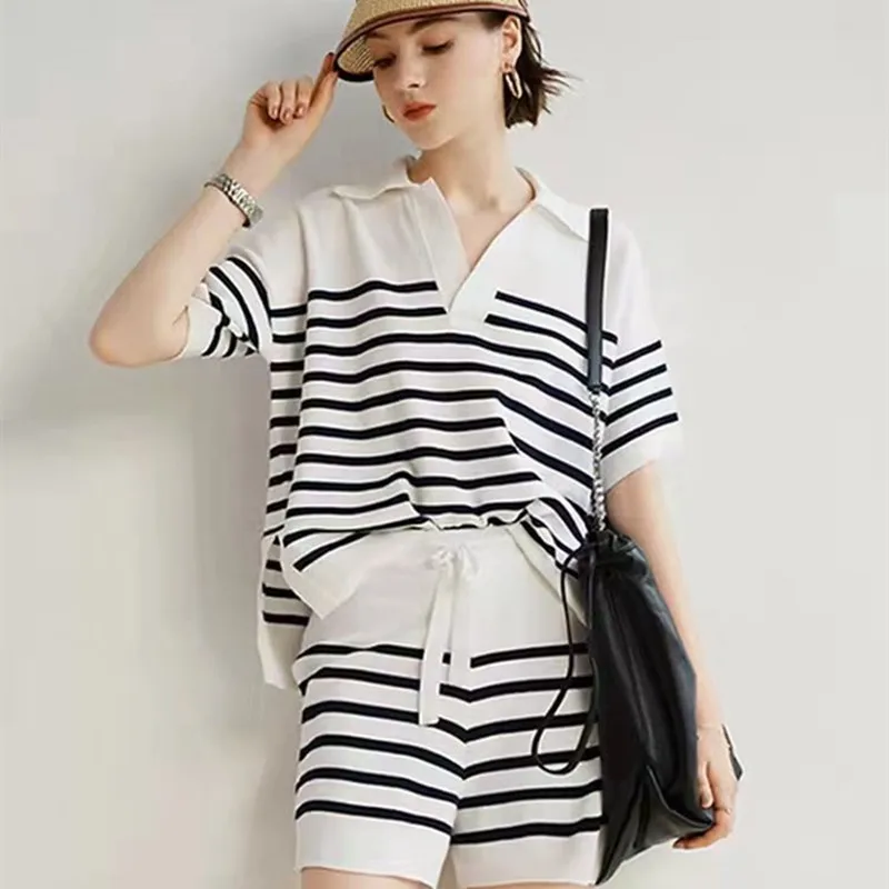 Summer Women's Polo Collar Colorblock Striped Short Sleeve T-Shirt Design Casual Fashion Wide Leg Shorts Two Piece Knit Cotton
