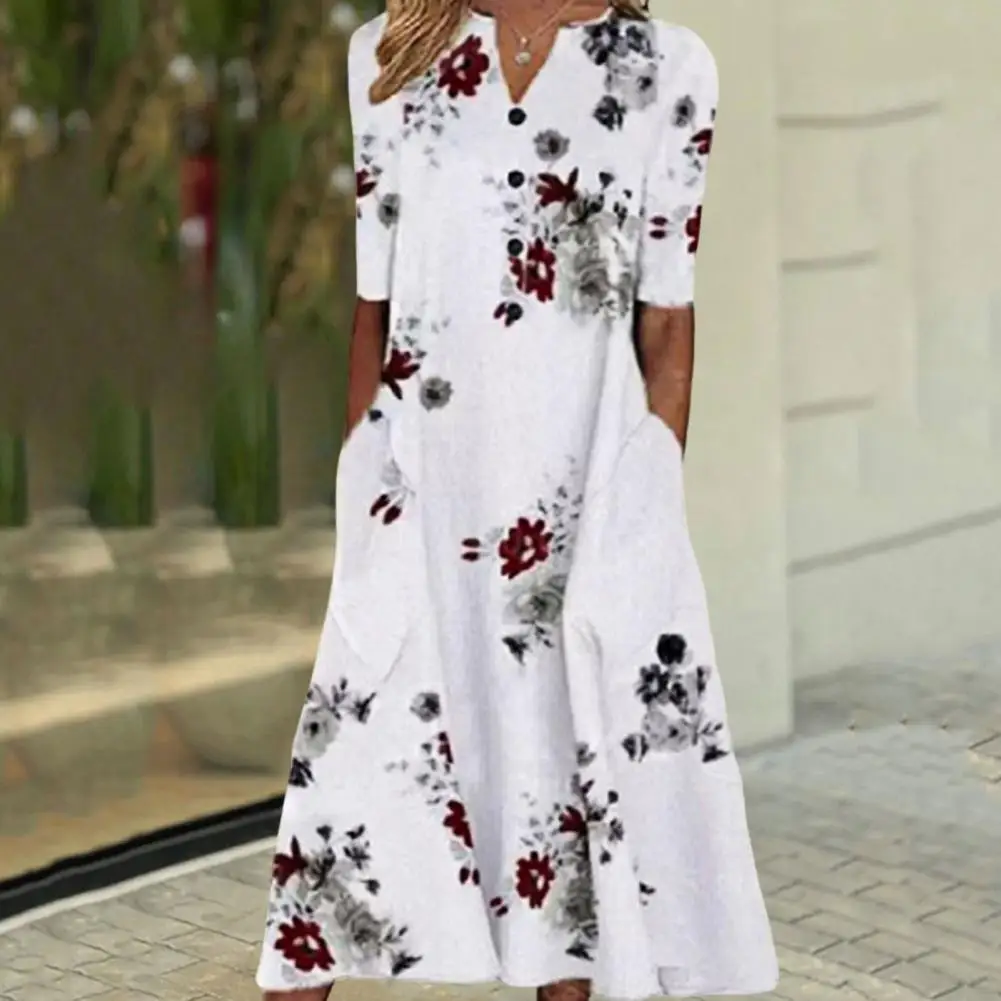 

Women Summer Dress Button Printing V-neck Flower Print Buttons Dress-up Loose Butterflies Pattern Plus Size Midi Dress Women Clo