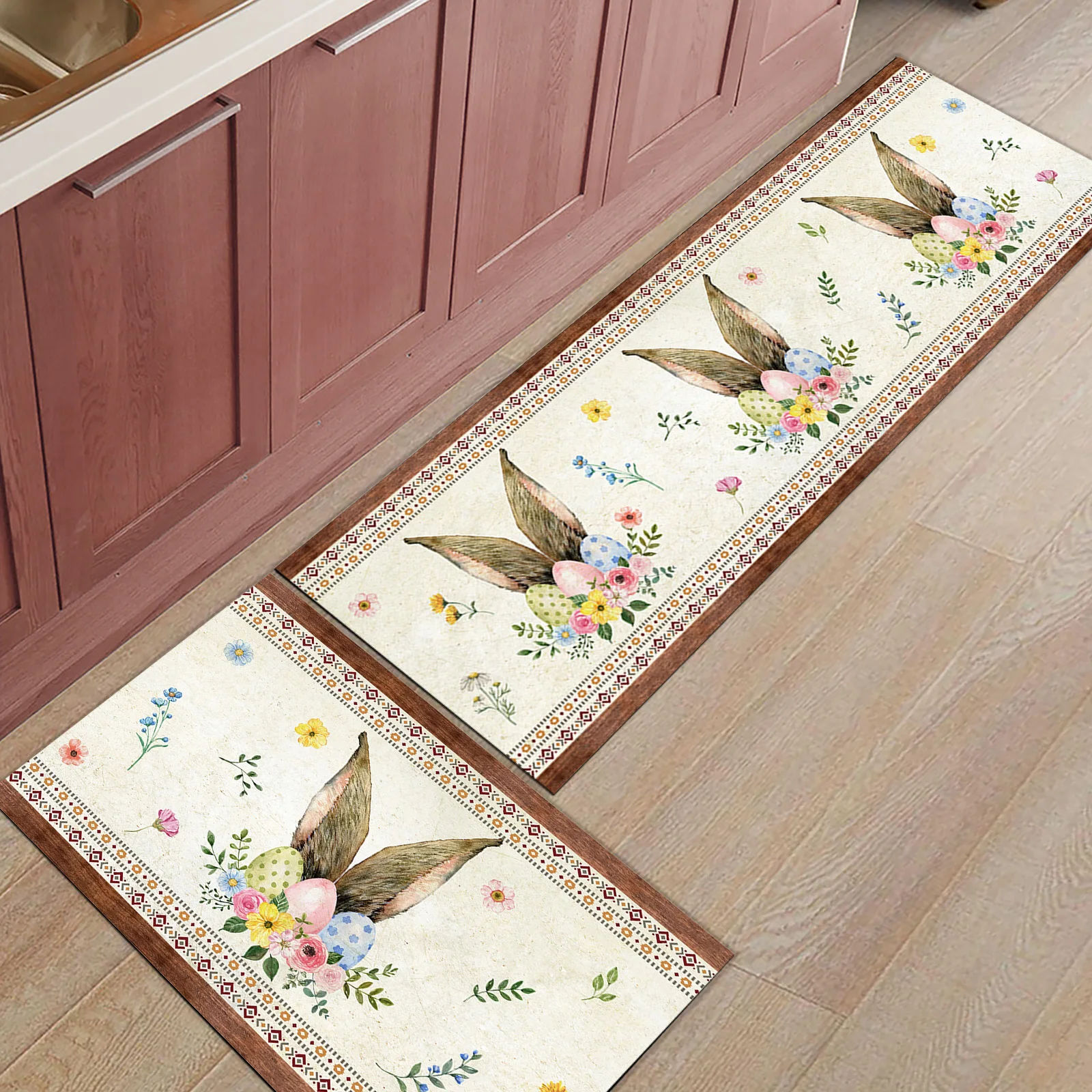 

Пасхальный весенний кухонный Придверный коврик с кроличьими ушками и дикими цветами, нескользящий ковер для гостиной и спальни, коврик для ...