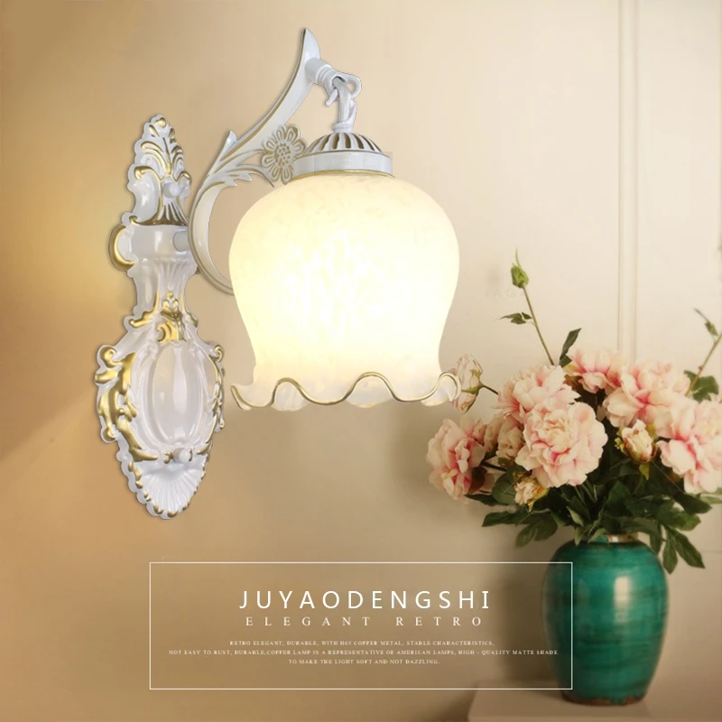 

European Retro Glass Wall Lamp E27 LED Antique Carved Petal Shape Bedside Light Living Room TV Background Home Decor Wall Lights