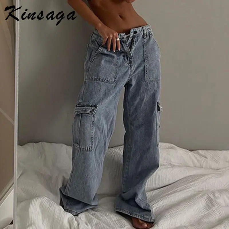 

Джинсы-карго женские свободные с низкой посадкой, винтажные брюки из парашютной ткани, с эластичным поясом, Свободные мешковатые прямые джинсовые штаны в стиле Харадзюку