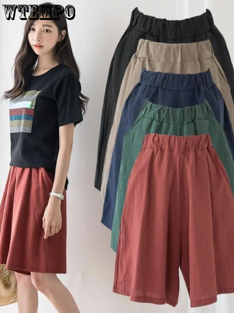 

Шорты WTEMPO женские с эластичным поясом, модные однотонные короткие спортивные штаны из хлопка и льна с широкими штанинами, свободные, летние