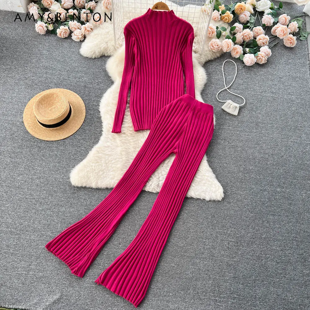 

Autumn and Winter New Retro Elegant Pant Suit Women's Pit Striped Mock-Neck Knitwear High Waist Knitted Trousers Two-Piece Set