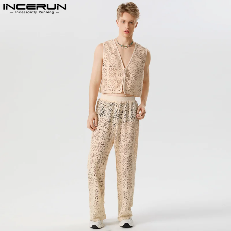 

INCERUN Fashion Men Sets Lace Transparent V Neck Lace Up Crop Vests & Straight Pants 2PCS Streetwear 2023 Sexy Men's Suits S-5XL