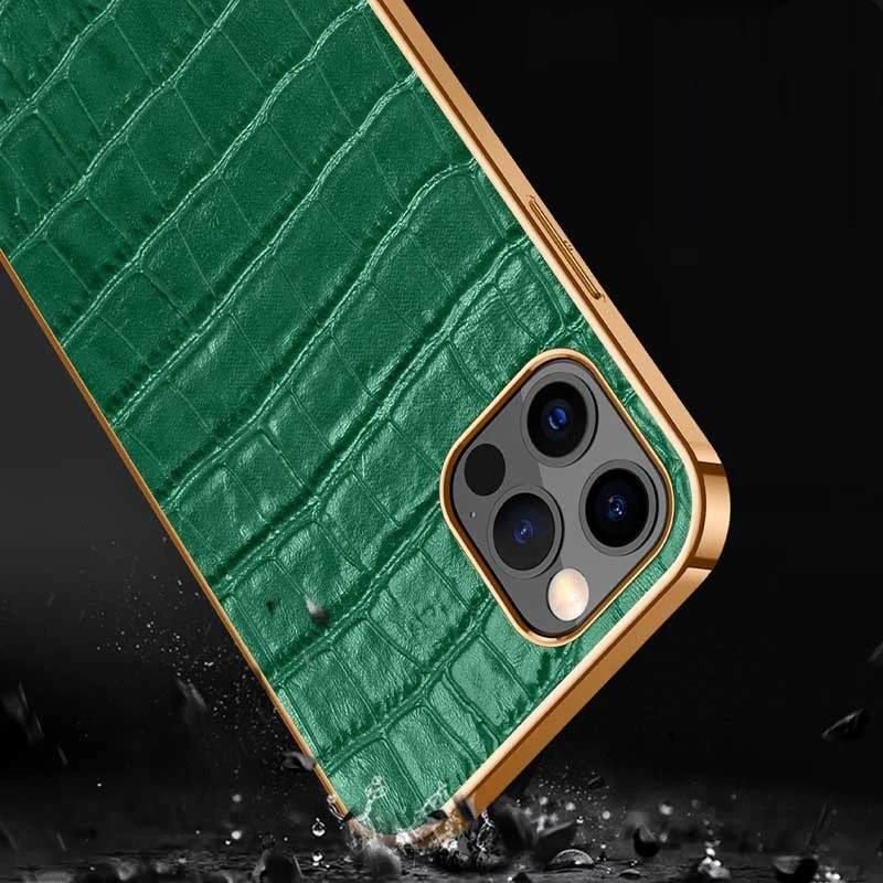 Luxury Genuine Leather Soft Case For Iphone 14 13 12 11 Pro Max Plus Mini Plating Crocodile Pattern Lens Protection Phone Cover
