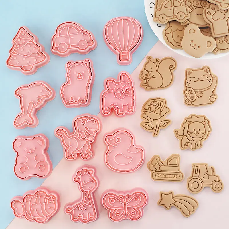 

8 Pcs/set Cookie Cutters Plastic 3D Cute Cartoon Pressable Biscuit Mold Cookie Stamp Kitchen Baking Pastry Bakeware candy bar