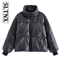 sltnx 2022 women jackets winter black pu leather jacket woman casual o neck with zipper pockets parkas female long sleeves coats
