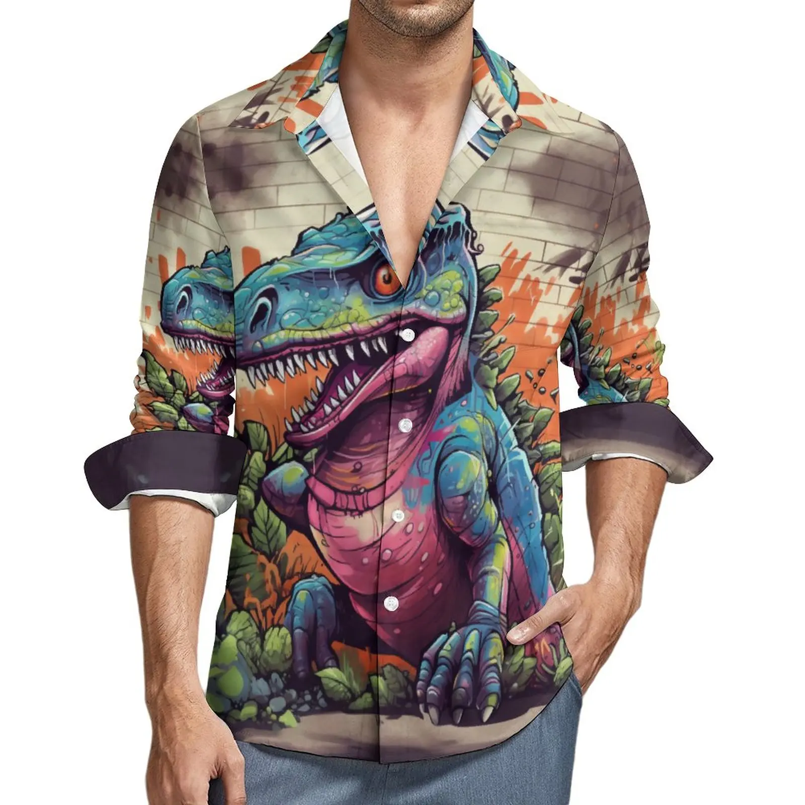 

Dinosaur Shirt Autumn Wall Graffiti Casual Shirts Men Fashion Blouses Long Sleeve Pattern Street Style Tops Plus Size
