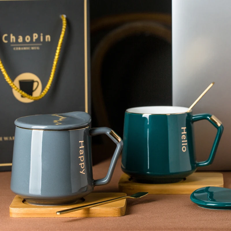 

Кофейная кружка в скандинавском стиле, чашки, керамическая чашка, Офисная Бытовая чашка для воды, чашка для завтрака и молока с крышкой, ложк...