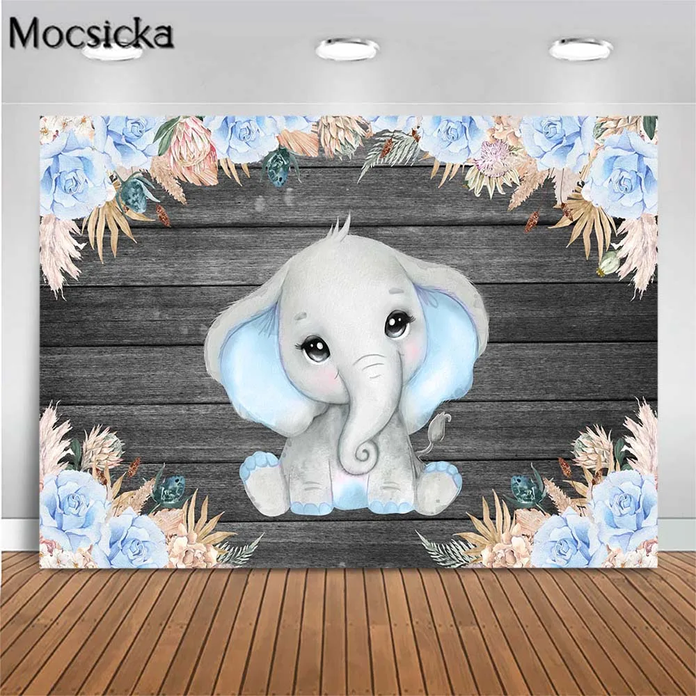 

Mocsicka Blue Elephant Baby Shower Backdrop Grey Wooden Board Child Boys Birthday Party Photo Backgrounds Studio Photocall Props