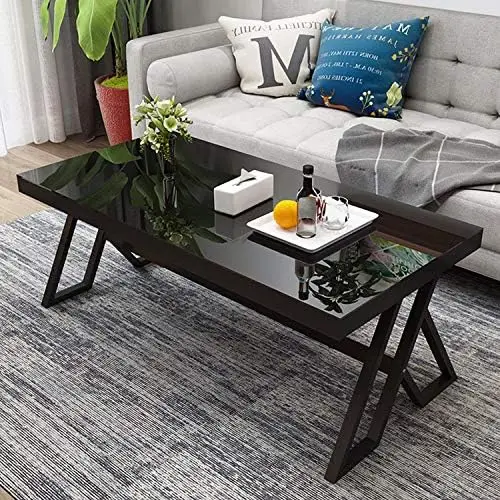 

& Maggie - Tempered Glass Tea Table Coffee Table Cocktail Desk Table - Modern Steel Triangular Legs Living Room Desk Decor -