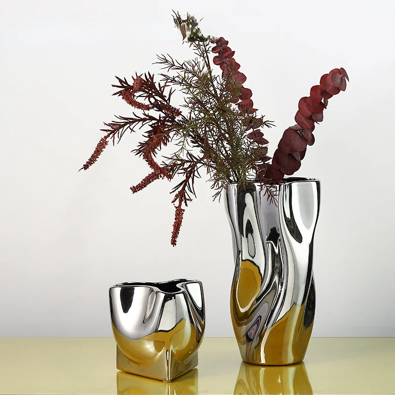 

Home Creative Plating Silver Ceramic Vase Decoration Home Living Room Dining Table Luxury Soft Flower Ware