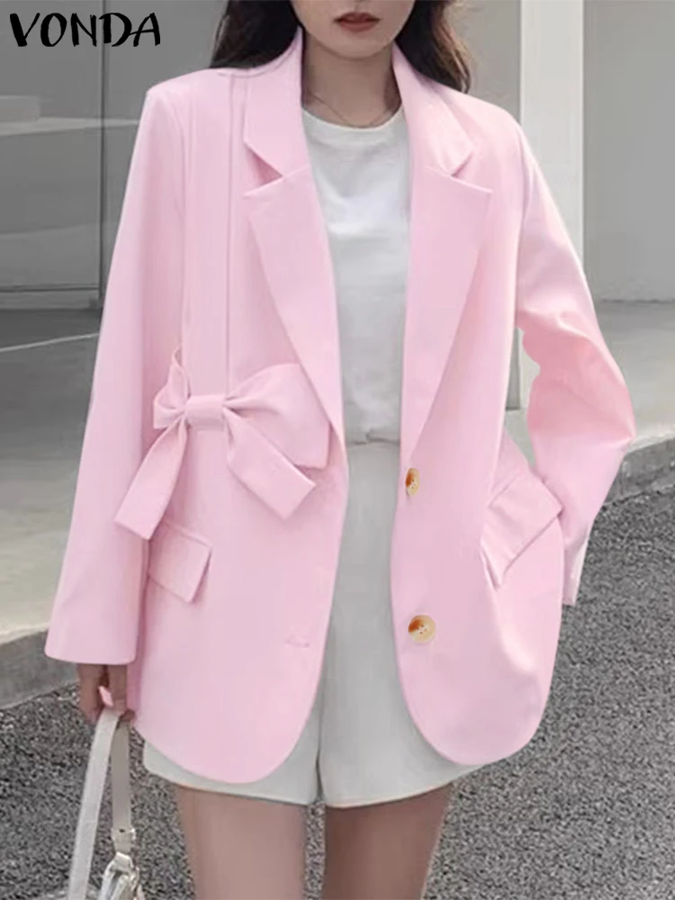 VONDA осеннее модное пальто с отложным воротником и бантом повседневный пиджак