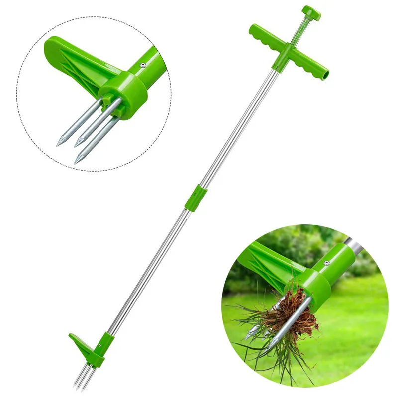 Portable Stand Up Weeder Hand Tool with 3 Claws 1 Meter Long Handle Removable Lawn Outdoor Garden Yard Grass Root Puller Grabber