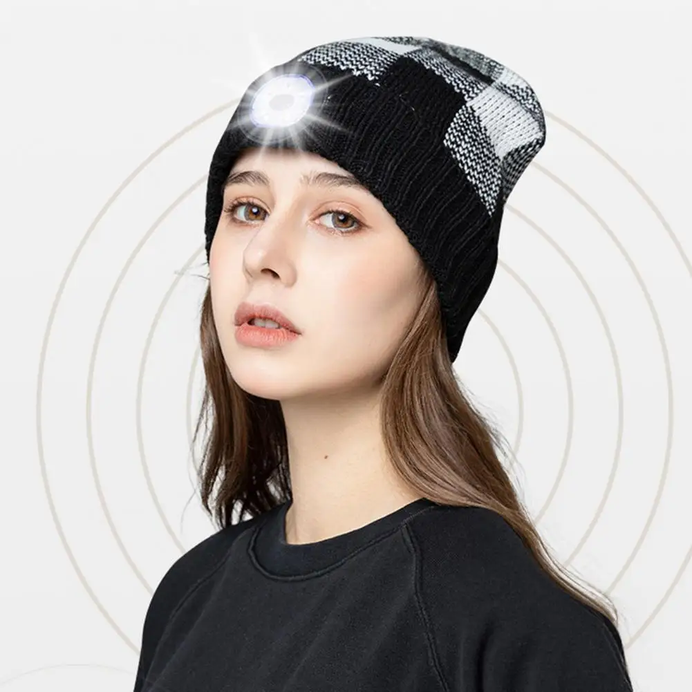 Unisex Headlamp Hat LED 3 Modes USB Charging Autumn Winter Cuffed Windproof Warm Plaid Knitting Beanies Hat For Outdoor