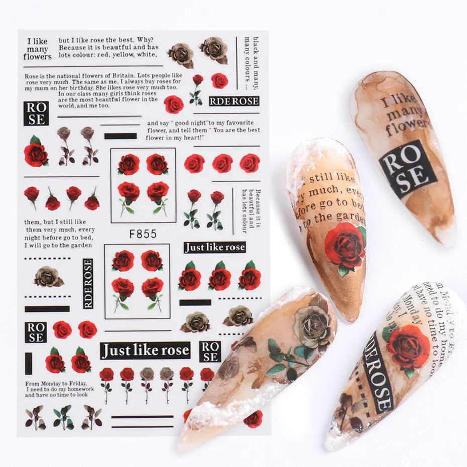 

Retro Nostalgic Red Rose Stickers on Nails Art Rosal Blossom Adhesive Manicure Decals British Style Vintage Nail Sliders BEF855