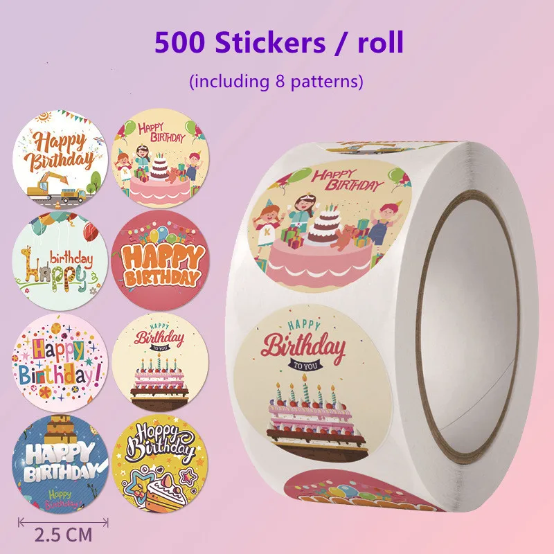

500pcs/roll Happy Birthday Sticker for Cards Cake Gift Packageing Decoration Envelope Seal Labels Cute Stationary Sticker Kawaii