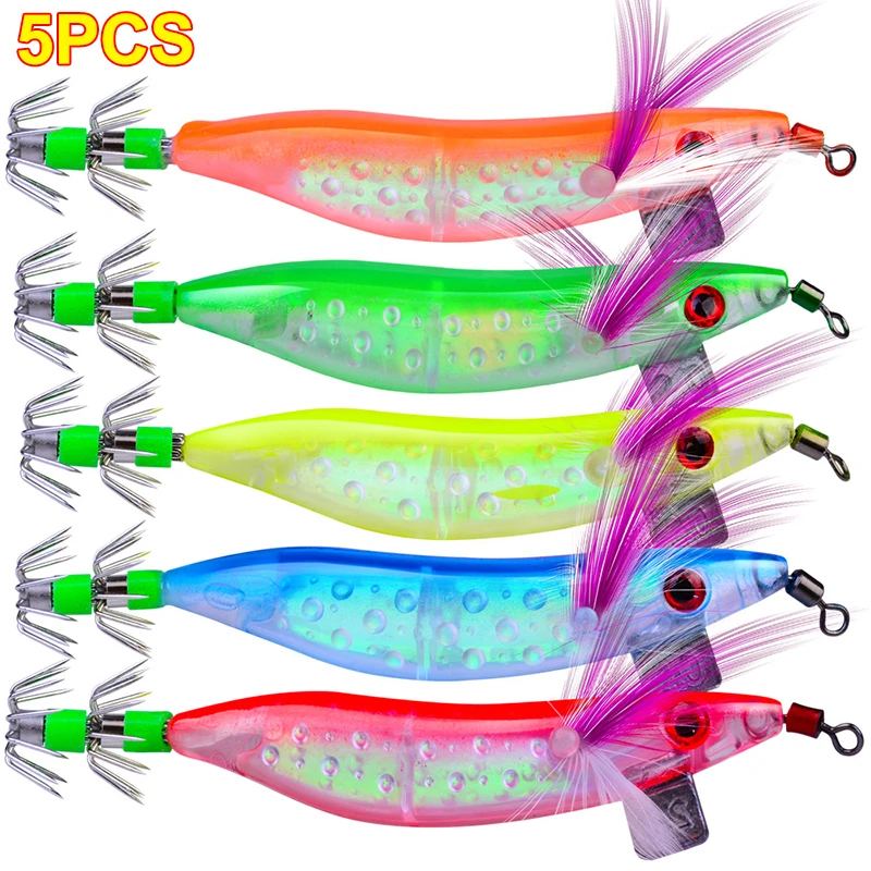 

5Pcs/Lot Night Luminous Squid Jig 10cm Prawn Hook Wood Shrimp Baits Colors