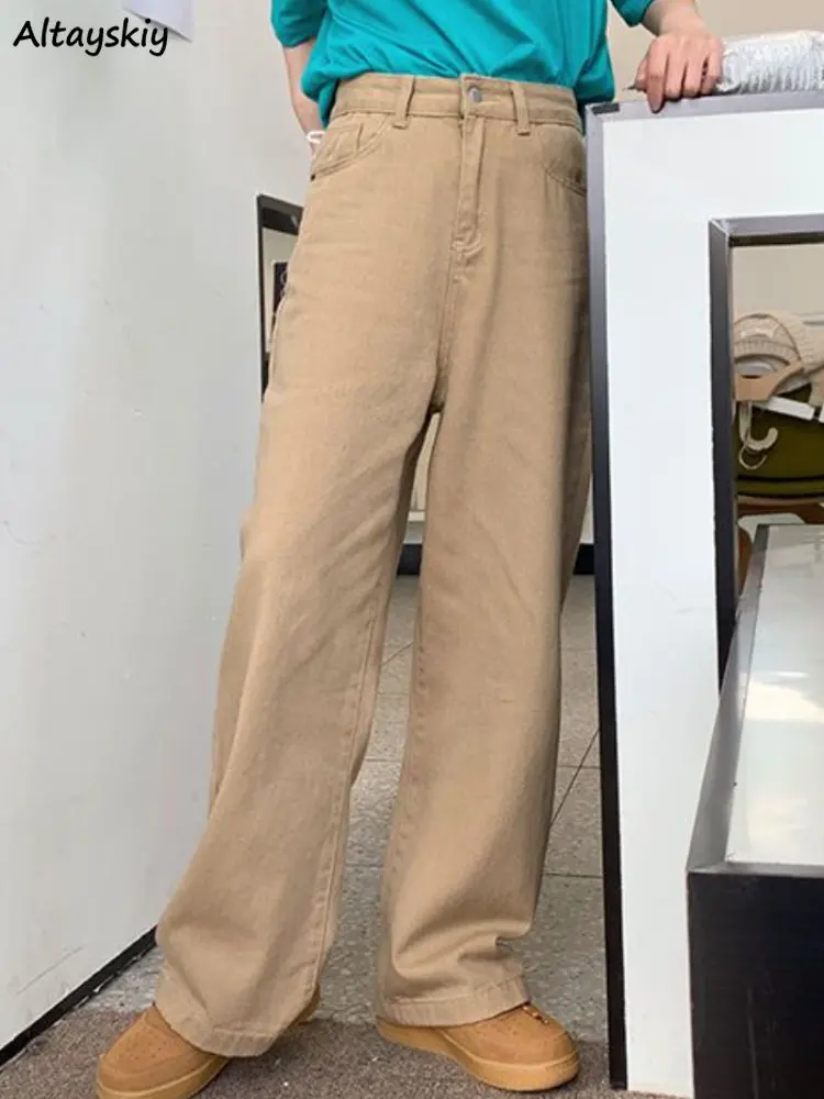 

Jeans Women Summer Khaki High Waist Korean Style Loose Students Casual Wide Leg Chic Vintage Solid Simple Fashion All-match New