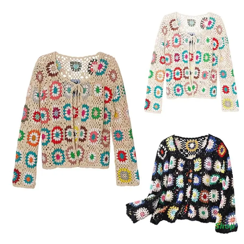

L5YC Sweet Hollow Floral Cardigan Summer Long Sleeve Blouse Tops French Style Casual Crochet Sweater Coat for Female Girls