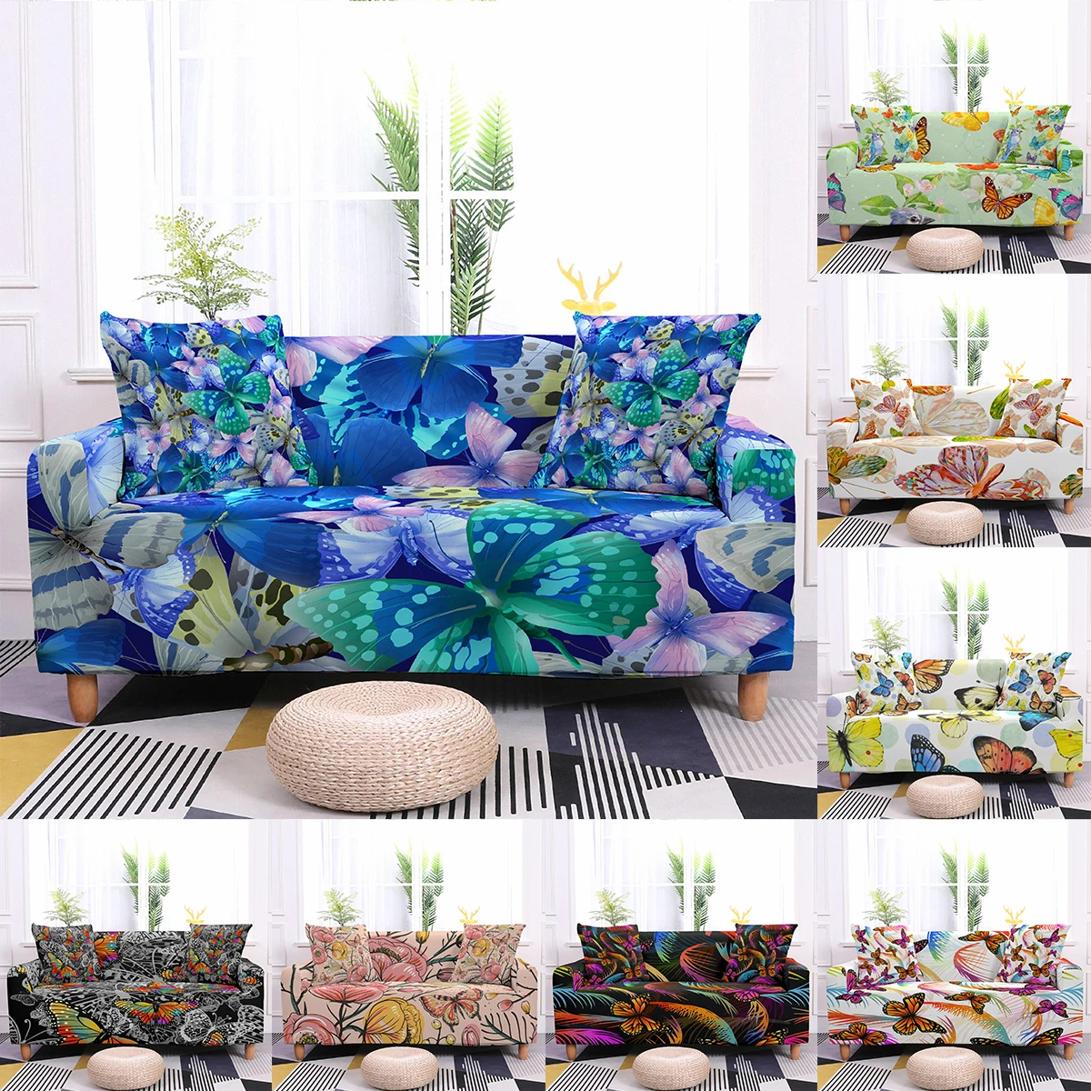 

Butterfly Elastic Sofa Covers for Living Room Stretch Sofa Slipcover 1/2/3/4 Seater L-shape Sectional Corner Armchair Cover