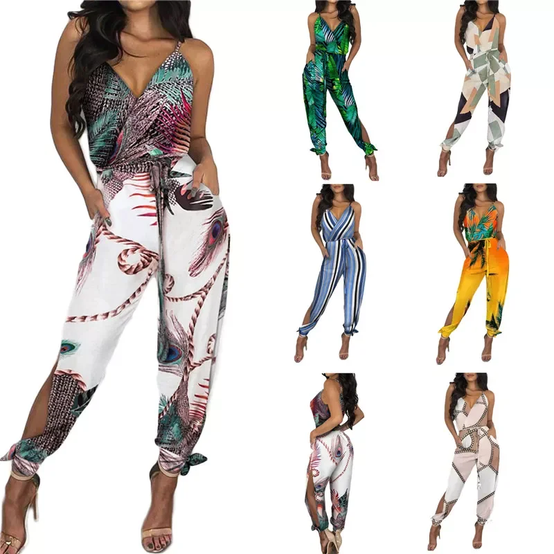 New in Women Jumpsuit Spaghetti Strap Mixed Print Slit Leg Jumpsuit Sexy V-Neck Jumpsuits for Women Clubwear Outfits Rompers jac