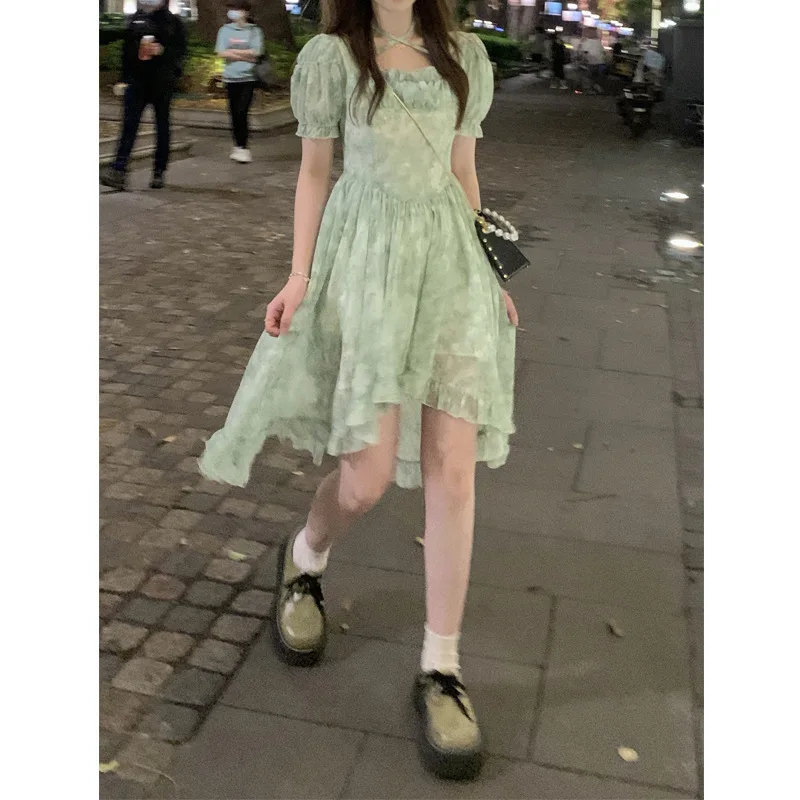 

French square neck irregular skirt dress with short front and long back 2023 summer high waist A-line skirt tide