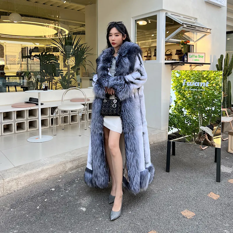 Женское длинное пальто из натурального меха кролика Рекс зимнее с воротником