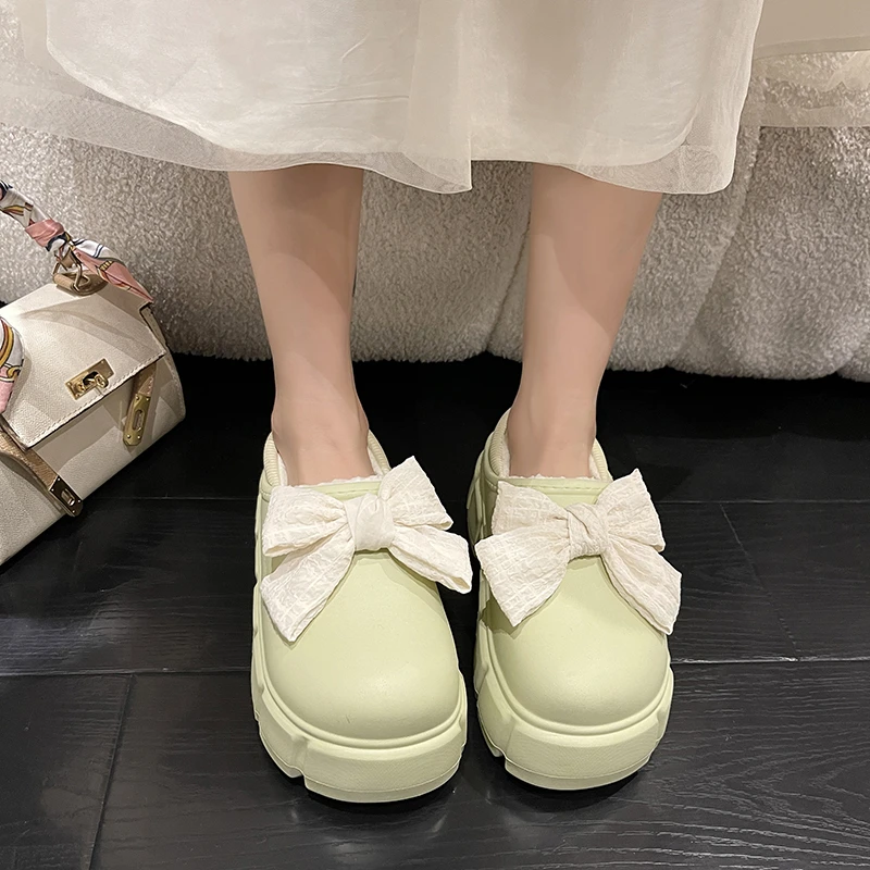 

Rimocy Winter Sweet Bowknot Home Slippers Women Chunky Platform Warm Cotton Padded Shoes Woman Round Toe Thicken Plush Slippers