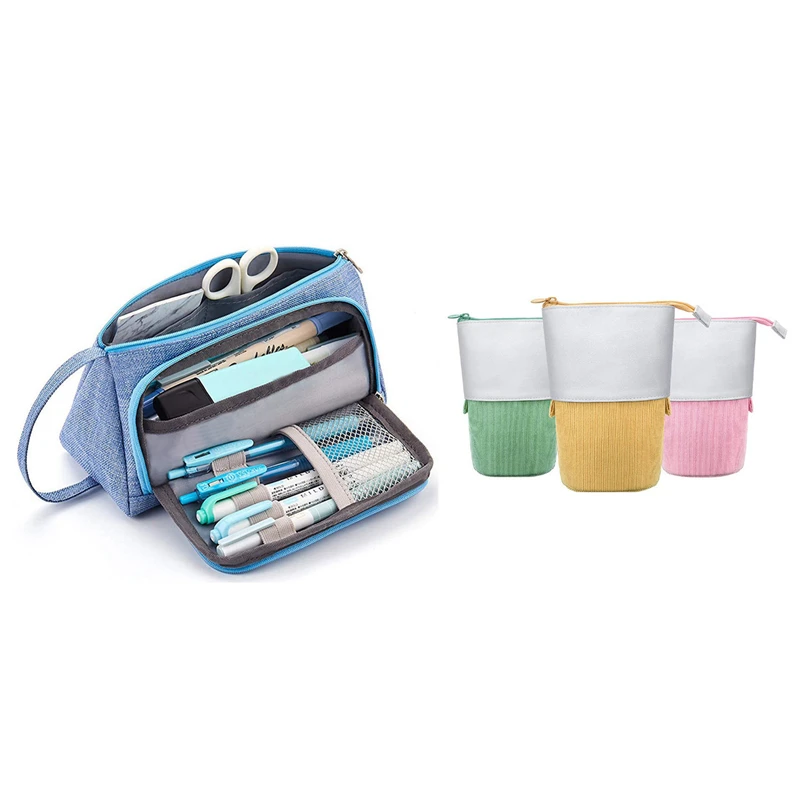 

Linen Storage Pouch Marker Pen Pencil Case Bag Holder With 3 Pieces Telescopic Pencil Holder Canvas Stand Pencil Bags
