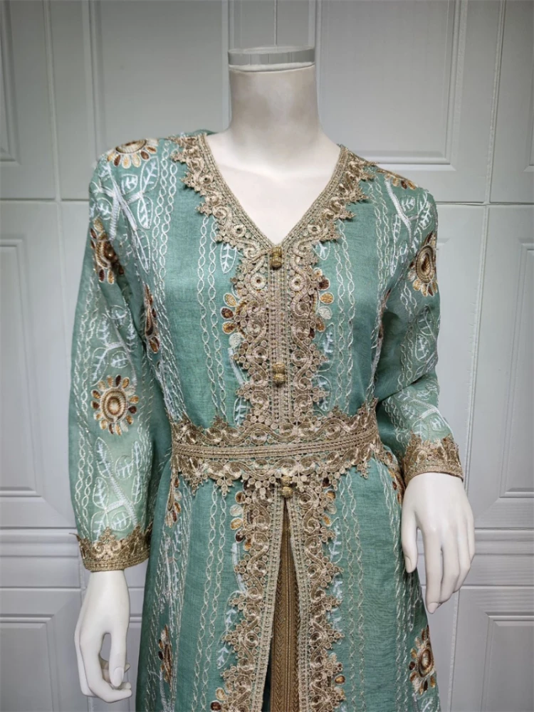 Gorgeous Party Evening Dresses for Women Corban Eid Al Adha New Moroccan Caftan Dubai Mesh Embroidery Lace Gold Tape Trim Abaya