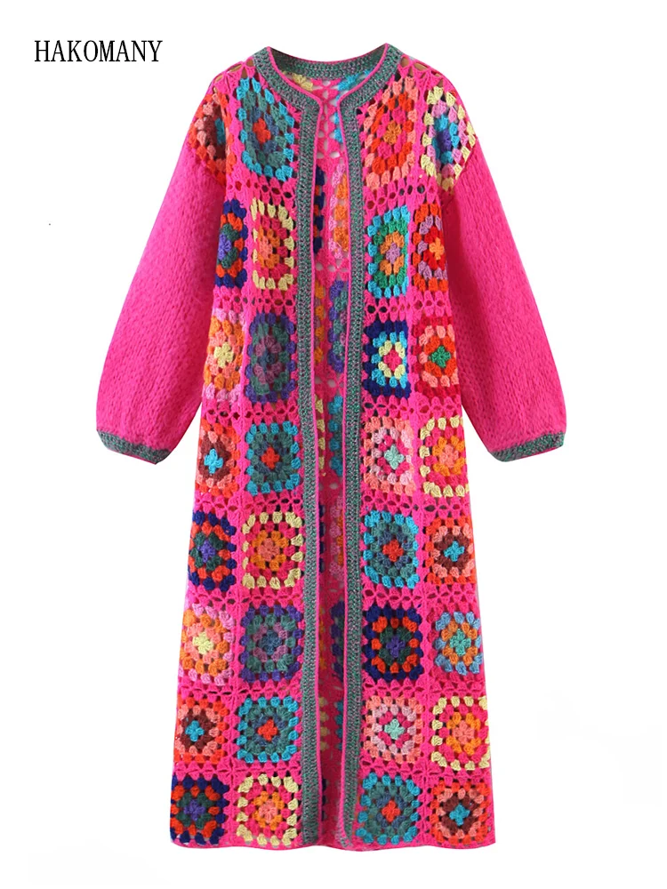 2022 Woman O neck Open Stitching Midi Long Sweater Knitwear Jumper BOHO Rose Pink Plaid Flower Hand Crochet Cardigan Ethnic