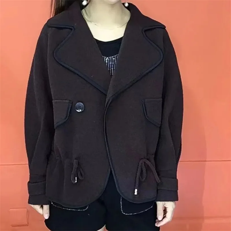 Женская двухсторонняя короткая куртка свободная шерстяная с длинным рукавом и